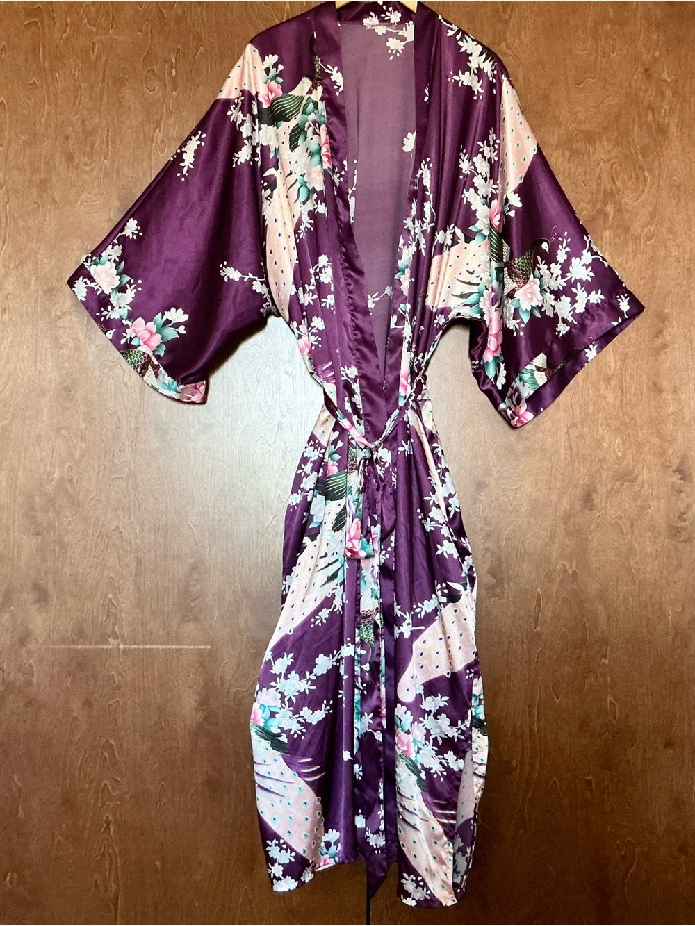 KIm + Ono Silky Satin Purple Floral Peacock Print Long Kimono Robe Belted OS